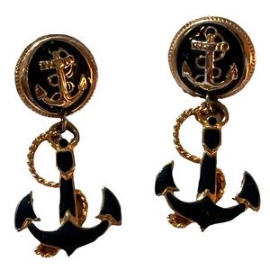 Vtg Nautical EARRINGS Navy Blue/Gold-tone w/rope detail, hanging movable…